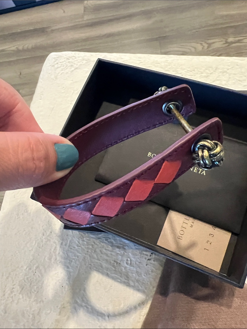 Bottega Veneta Plum and Pink Braided Leather Bracelet with Knot Clasp